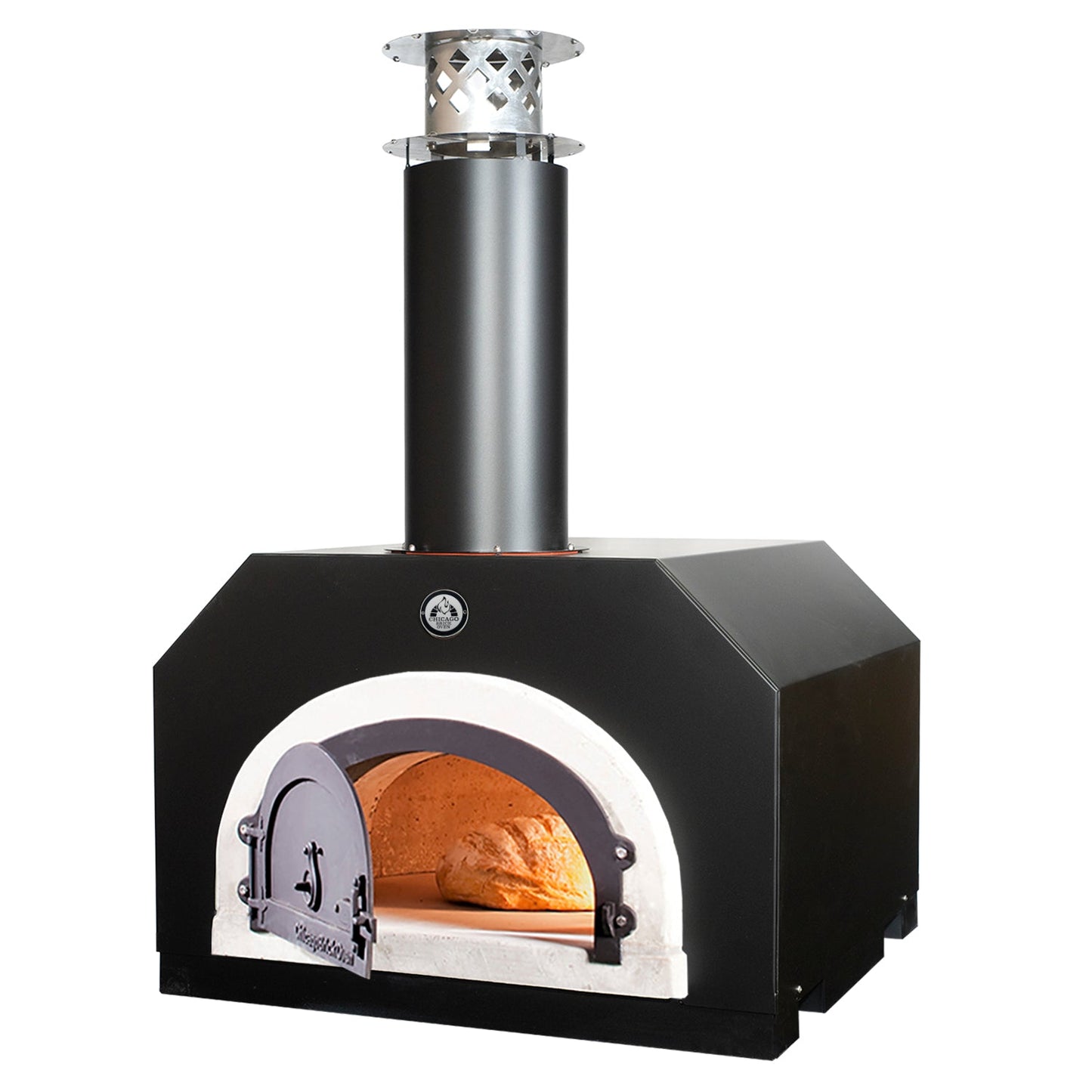 The CBO 750 Countertop Wood Fired Pizza Oven by Chicago Brick Oven boasts a high-performance design with a sleek black and white finish. It features Signature FlameRoll® technology, a cylindrical chimney, and a small metal door at the front. The lit interior showcases its efficient wood-fired cooking capabilities, with a loaf of bread baking on the spacious 38" x 28" cooking surface.