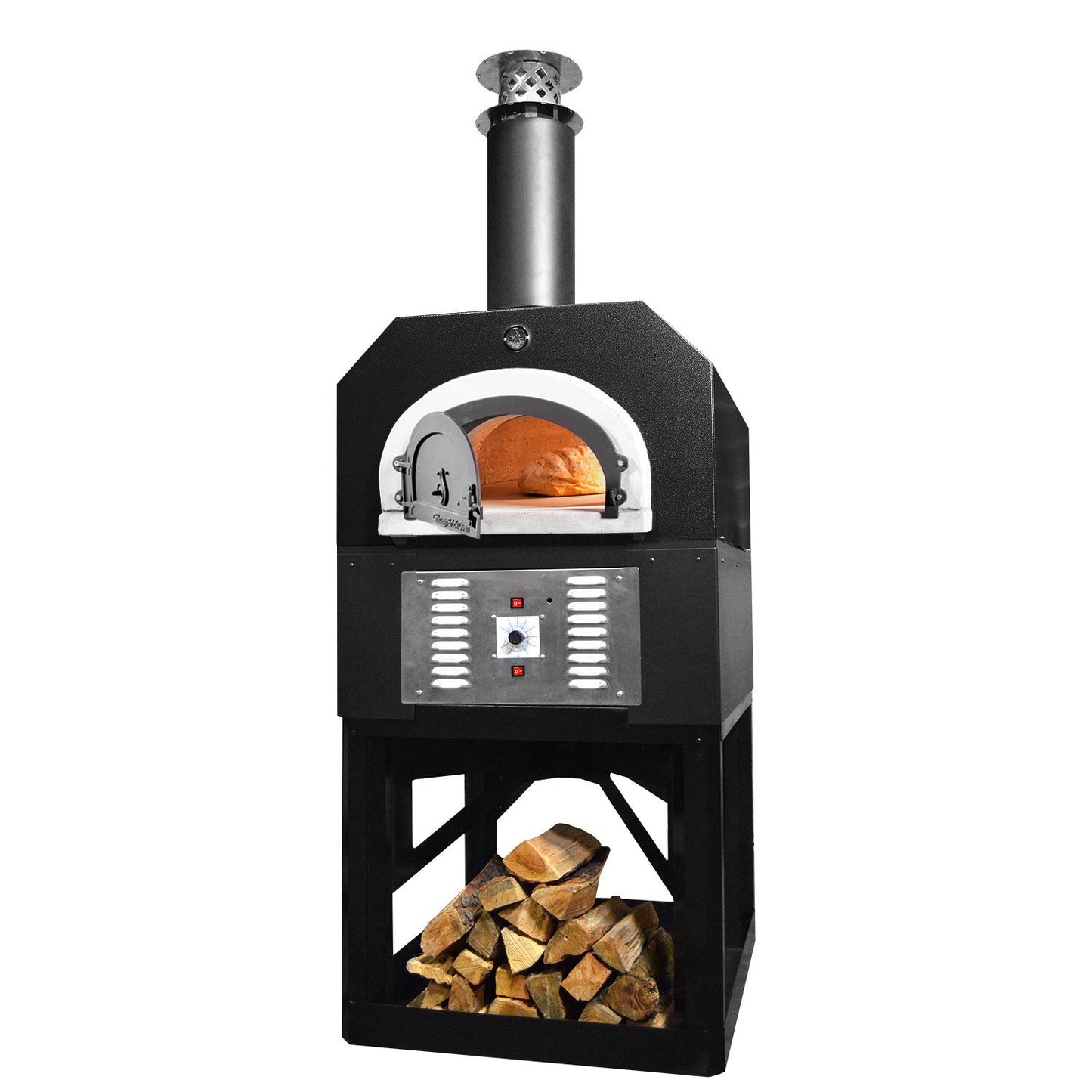 The CBO 750 Hybrid Stand (Residential) Dual Fuel (Gas and Wood) by Chicago Brick Oven is a high-performance black outdoor wood-fired pizza oven, featuring a stainless-steel door and chimney. A visible pizza bakes inside the oven while firewood logs are neatly stored in the compartment below. The control panel includes a temperature gauge and buttons, all constructed from proprietary blend refractory cement.