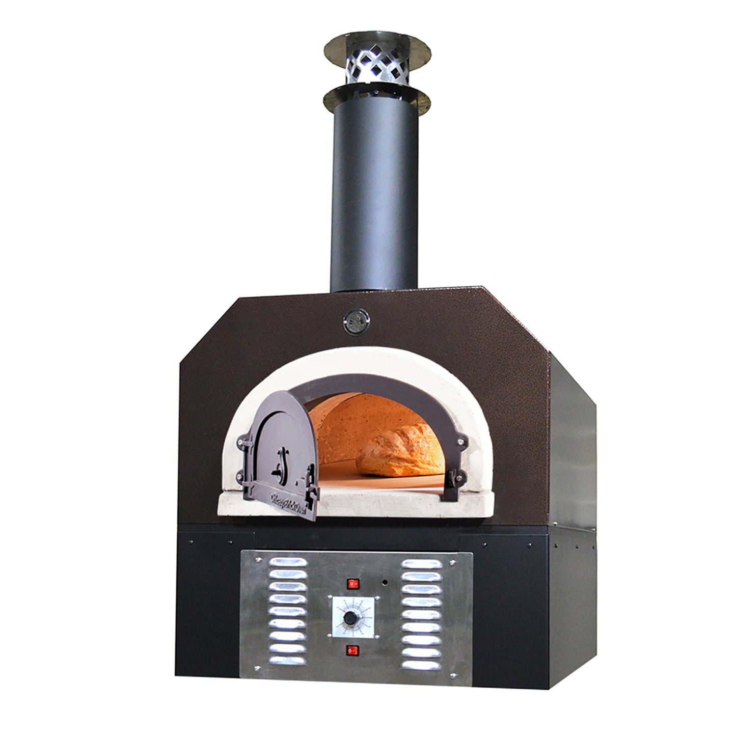 Introducing the CBO 750 Hybrid Countertop (Residential) by Chicago Brick Oven, a high-performance commercial bread oven with a sleek metallic black chimney. This dual-fuel oven, capable of burning both gas and wood, boasts a front-opening door revealing a fresh loaf of bread inside. At the bottom, you'll find a convenient control panel equipped with knobs and indicators. The oven features a rectangular shape with an elegantly domed baking chamber for optimal performance.