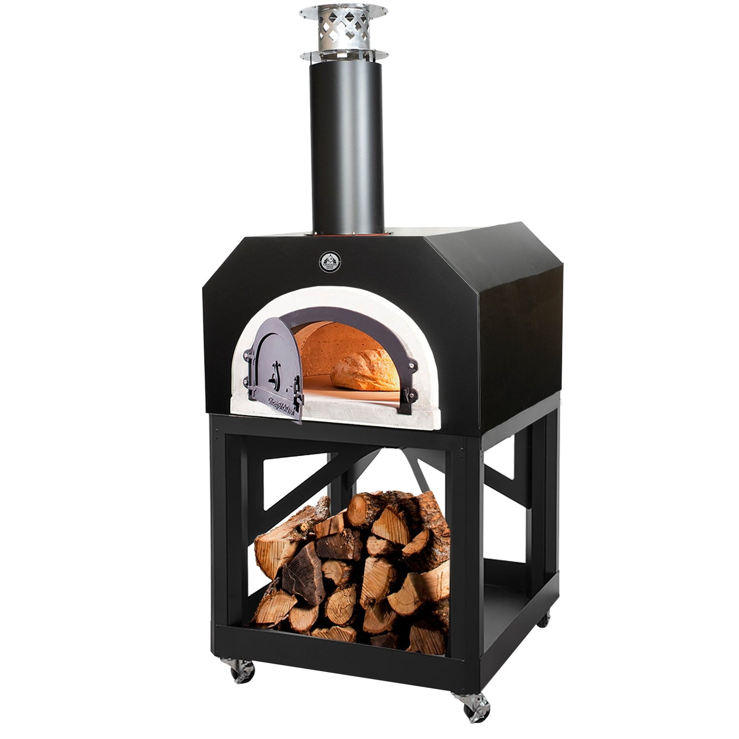 Presenting the black CBO 750 Mobile Stand Wood Fired Pizza Oven by Chicago Brick Oven, designed for remarkable outdoor cuisine. This oven features the innovative Signature FlameRoll technology, a metal door with a viewing window, and a temperature gauge situated above the cooking chamber. It is mounted on a stand that includes practical storage space underneath for stacked firewood and comes with wheels for enhanced mobility.