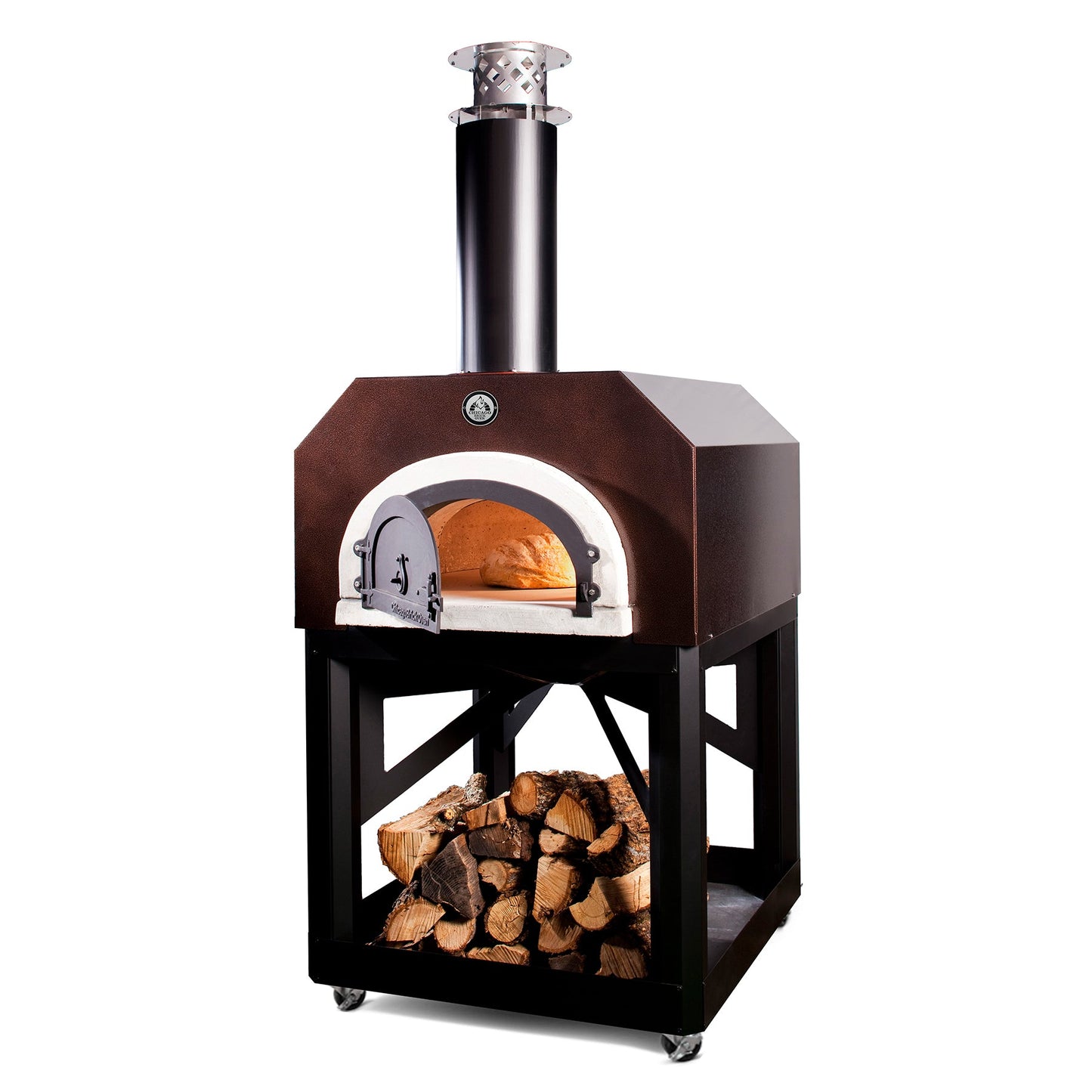 The CBO 750 Mobile Stand by Chicago Brick Oven is a large, high-performance wood-fired pizza oven perched on a black metal frame with an underneath compartment filled with stacked firewood. This remarkable outdoor oven, featuring a front opening and a chimney, glows warmly inside as it bakes a loaf of bread to perfection.