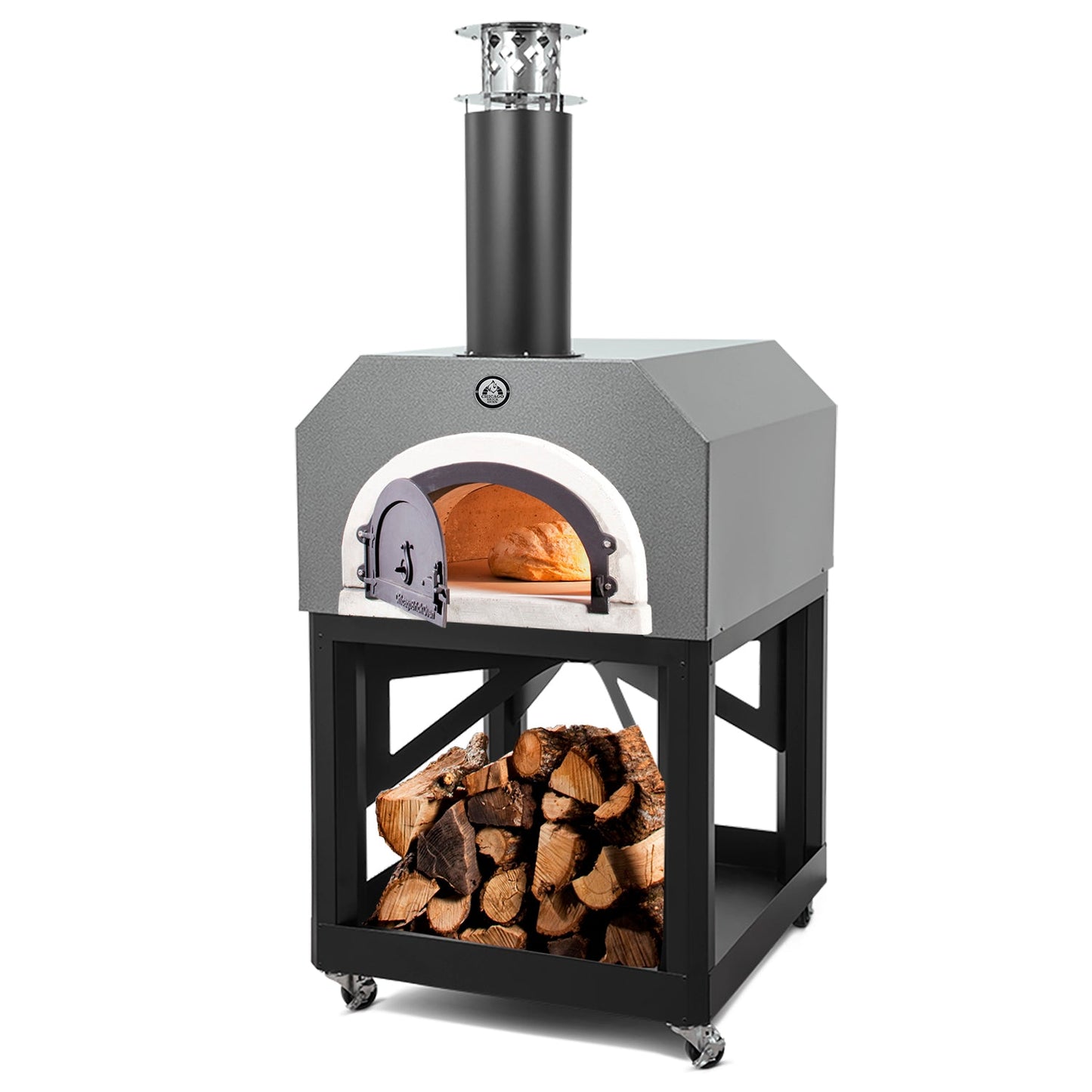 The CBO 750 Mobile Stand by Chicago Brick Oven is a black and gray outdoor wood-fired pizza oven that stands on a sturdy metal frame with a storage area below. This high-performance cooking unit features a visible chimney on top, neatly stacked firewood in the storage area, and an open oven door showing a fire inside. The unit also includes wheels for easy mobility, making it perfect for remarkable cuisine.