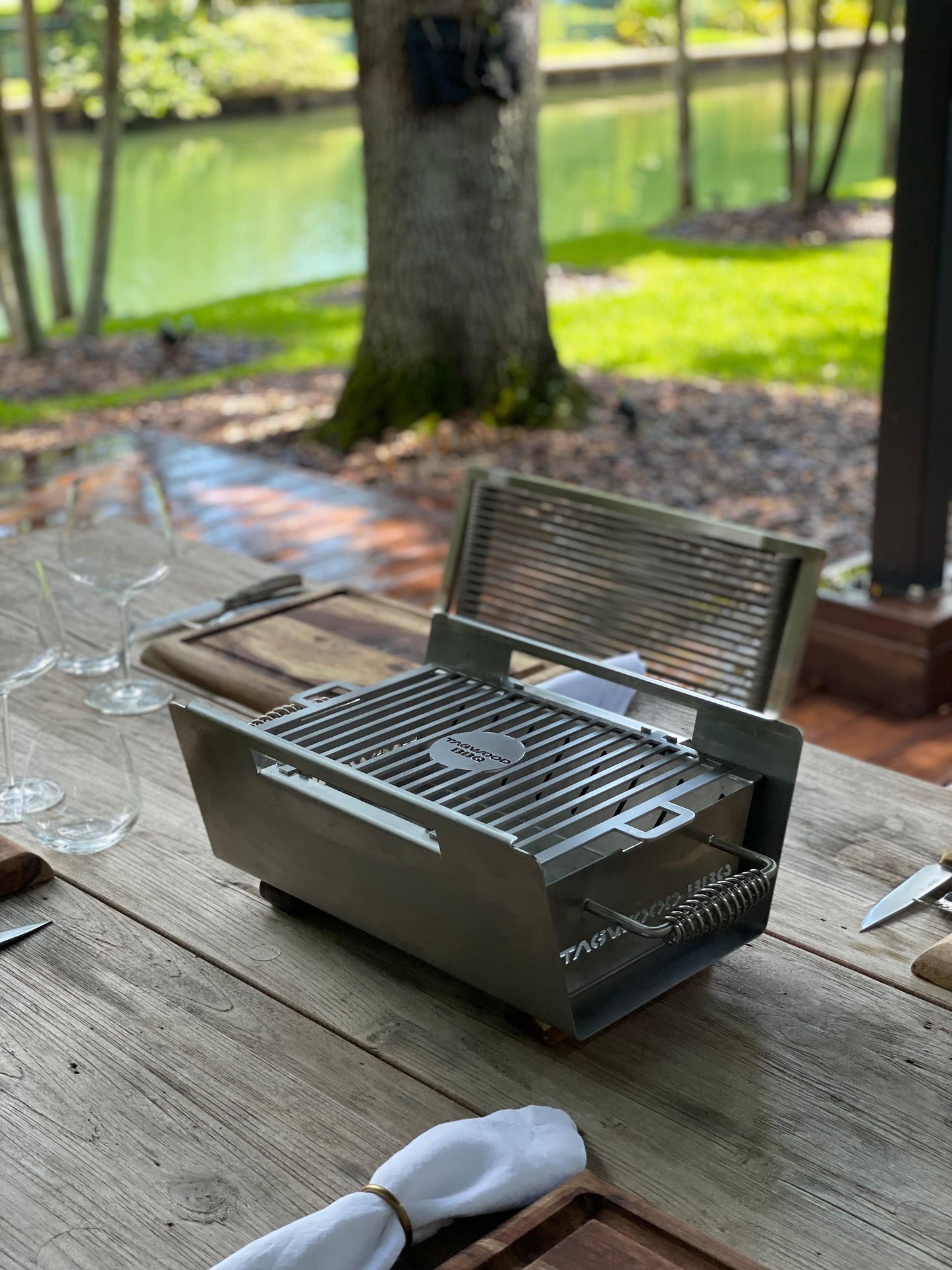 Tagwood BBQ Table Top Warming Brazier | Stainless steel and Acacia wood  | BBQ07SS--